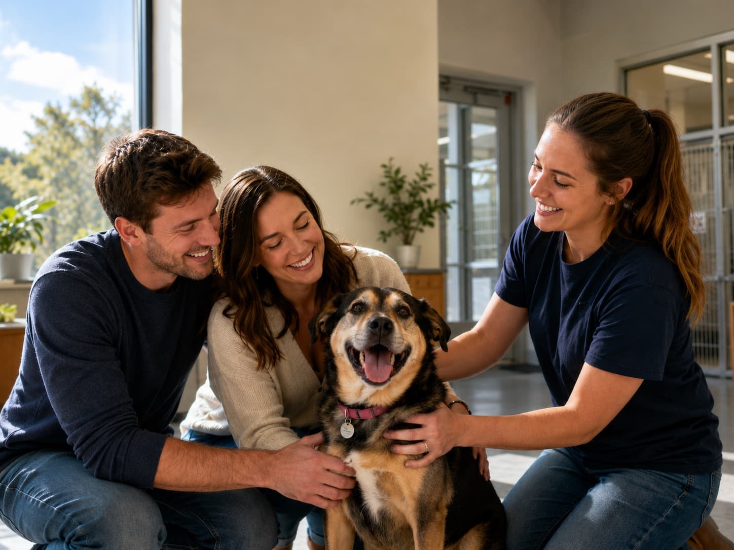 Equipa de abrigo entrega um cão feliz à sua nova família
